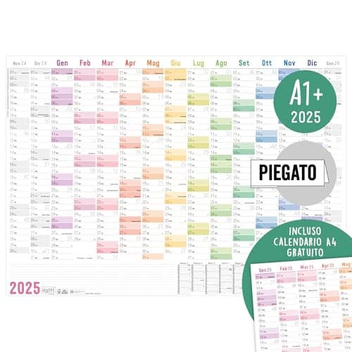Calendario de pared XXL 2025 A1+ en italiano (89x63 cm) [Arco Iris] 15 meses Nov 2024 - Ene 2026 - plegado - planificador A4 gratis - vacaciones y días festivos - sostenible y climáticamente neutro