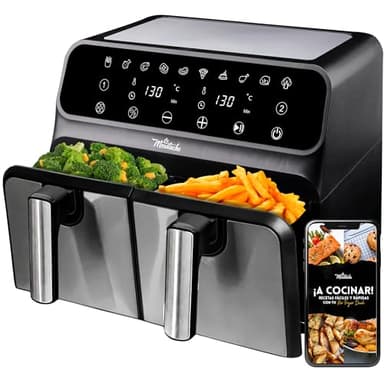 La Moustache - Freidora de Aire 8L, E-Book con más de 50 Recetas, Air Fryer 6-1 | 1700W, Táctil, 10 Modos, Cestas Independientes Antiadherentes, °C Regulables, Temporizador (DuoFry Gray)