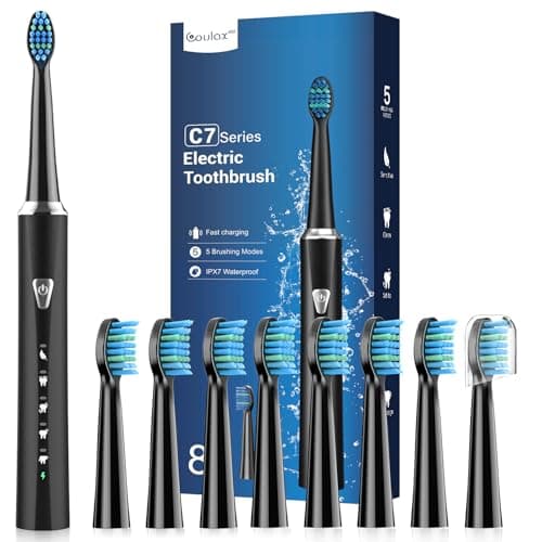 Cepillos de Dientes Electricos Sónico Adultos con 8 Cabezal - Cepillo Electrico con Estuche de Viaje, 5 Modos y IPX7, Cepillos de Dientes Eléctricos Ultrasónicos para Mujer Hombres, Negro Oscuro