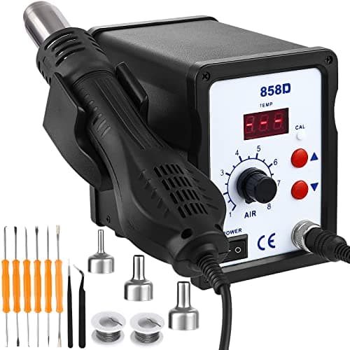 FAOKZE 858D Estación de soldadura de aire caliente,700 W Hot Air Soldering Rework SMD Station 100°C-480°C,estación de soldadura con accesorios con 3 nozzles,2 pinzas,2 rollos de hilo para soldar
