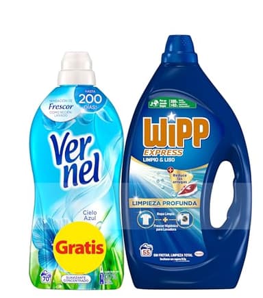 Wipp Express Detergente Líquido Limpio y Liso para lavadora 55 Lavados + 1 Vernel Suavizante Azul 70 Lavados GRATIS