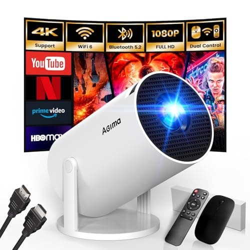 [App integrada] Mini Proyector 1080p 4K Support 2025 Upgraded Proyector Portátil Dual Control con Ratón Android TV WiFi 6 BT5.2 180° Rotation HDMI/TV Stick/USB/PS5/Laptop, con Cable HDMI y Ratón