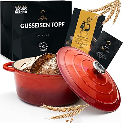 Chefarone Olla de hierro fundido esmaltada de 26 cm y 4,7 l, con tapa para inducción, olla de hierro fundido para hornear pan