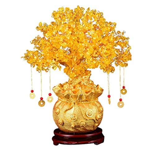 Milisten 1 Pieza Citrino Dinero Árbol Natural Cristal Árbol Decoración Feng Shui Árbol de La Suerte Bonsai Estilo Rico Árbol con Monedas de Oro Y Base Decoración de Mesa 19Cm