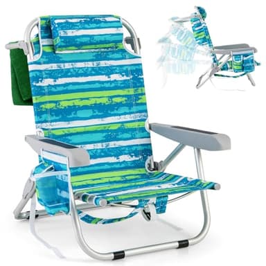 COSTWAY Silla Playa Plegable, Tumbona Playa con 5 Posiciones, Portavasos, Bolsillos de Almacenamiento, Correas de Hombro, Soporte para Toallas, Almohada, Silla Playa Baja 150kg (Verde+Azul,1)