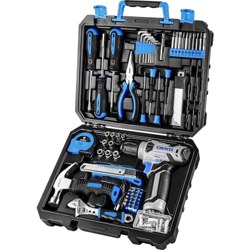 DEKO Caja Herramientas Completa con Destornillador Electrico/Taladro con bateria de 8V, Maletin de 126 Piezas, Caja profesional de herramientas Domésticas de Bricolaje para Oficinas y Jardín,Azul