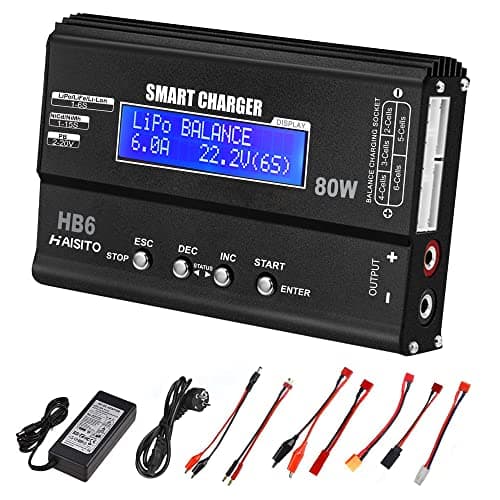 Haisito Cargador Lipo 80W 6A, Balanceador Lipo Cargador RC de batería Lipo/Li-Ion/Life (1 – 6S) y NiMH/NiCd (1 – 15S), con Pantalla LED, alimentación y Adaptador XT60 / Deans/JST/Futaba