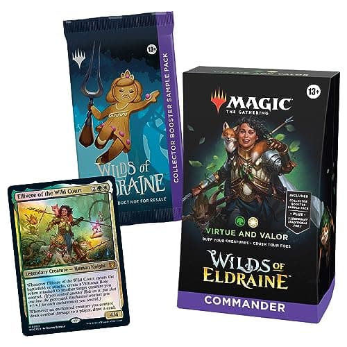 Mazo de Commander de Las tierras salvajes de Eldraine, de Magic: The Gathering - Virtud y valor (mazo de 100 cartas, sobre de coleccionista con 2 cartas de muestra + accesorios) (En Inglés)