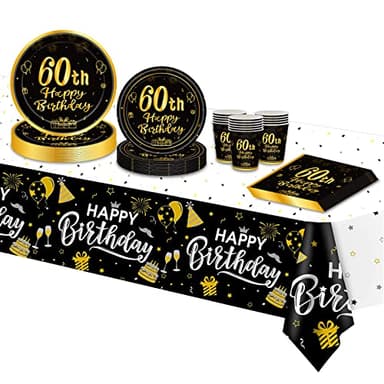 TOPWAYS 60 Años Cumpleaños Platos Desechables Vajilla Set, Oro Negro Papel Desechables Elegantes Platos Tazas Mantel para Fiesta Decoración 60 Cumpleaños Hombre Mujer, 16 Invitados (Cumpleaños 60)