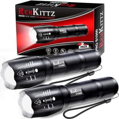 REHKITTZ Linternas Led Alta Potencia Super Brillante, (2 Piezas) con Zoom, 2000 Lúmenes Mini Linterna Portátil, con 5 Modos, Aluminio para Camping Niños Exterior