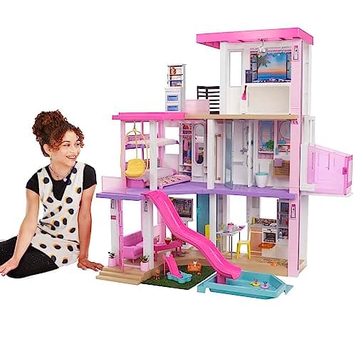 Barbie Casa de Muñecas Dreamhouse - con Piscina, Tobogán y Ascensor - Luces y Sonido - 75+ Piezas - 104 x 109 cm - Regalo para Niños de 3-7 Años, GRG93