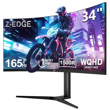Z-Edge Monitor Gaming Curvo 34'', 165Hz, 3440x1440, 1ms MPRT, Altura & Inclinación Ajustables, Pantalla Ultra Ancho 21:9 con DP Cable, AMD FreeSync, 1500R VA, 2* HDMI2.0 &2* DP1.4, RGB, VESA 100*100mm