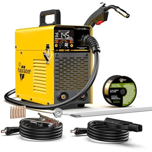haxiaoer 145A Soldador de Hilo Sin Gas 2 en 1 Semiautomático Synergy Máquina de Soldar MIG con Pantalla LED Digital Inteligente Incluye Varilla de Soldar, Hilo Tubular
