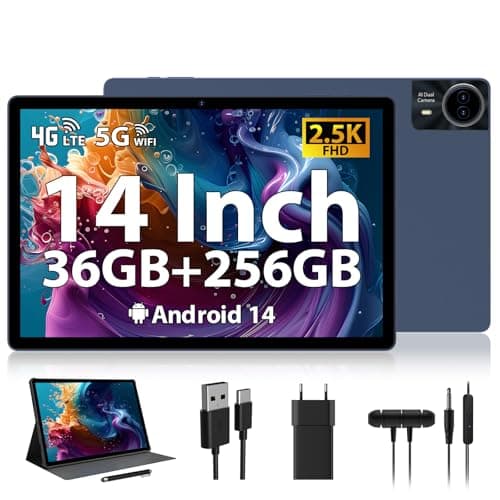 RUSHAR Tablet 14 Pulgadas,Android 14 Tablet con 36GB RAM+256GB ROM (1TB TF),Tablet 4G LTE/SIM+5G WiFi,11580mAh|2240 * 1400HD|Octa-Core 2.0GHz|13MP+8MP|Face ID|BT 5.0,Tablet con Lápiz y Funda,BLU