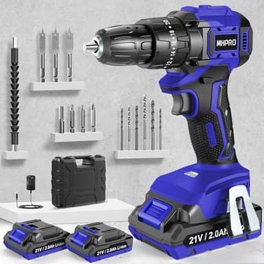 MHPRO Taladro Percutor a Bateria Sin Escobillas, Taladro Atornillador Batería 21V con 2 Baterías 2.0Ah, Atornillador Electrico 45N.m, 20+3 Ajuste de Par, Brushless Drill 14 Accesorios, 2 Velocidad