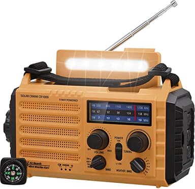 Radio Solar, Radio de Emergencia Portátil con Manivela, Radio Dynamo Weather Am/FM/SW, Cargador de Teléfono USB, Linterna LED y Luz de Lectura, Alarma SOS, Brújula para Acampar al Aire Libre