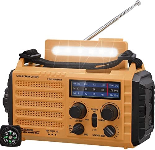 Mesqool Radio Solar, Radio de Emergencia Portátil con Manivela, Radio Dynamo Weather Am/FM/SW, Cargador de Teléfono USB, Linterna LED y Luz de Lectura, Alarma SOS, Brújula para Acampar al Aire Libre
