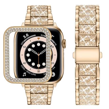 wutwuk Brillante Correa Compatible Apple Watch series 9/8/7/SE/SE2/6/5/4/3/2/1 con Funda Protectora, Pulsera de iwatch Mujer 45mm 44mm 42mm 41mm 40mm 38mm (Oro Rosa de 44mm)