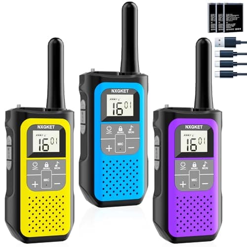 Walkie Talkie Largo Alcance para Niños Adultos, NXGKET Radio Recargable de 16 Canales, 5 km de Alcance con Batería de Iones de Litio de 1200 mAh, Cable de Carga USB-C, VOX para Senderismo y Camping