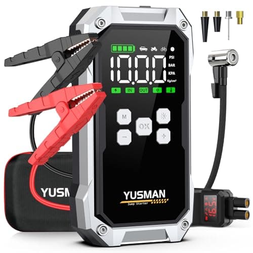 YUSMAN Arrancador de Baterias de Coche con Compresor de Aire, 12V 6000A Arrancador Coche Portatil con Inflador de 150 PSI (para All Gasolina o 10L Diesel), Linterna LED de Emergencia