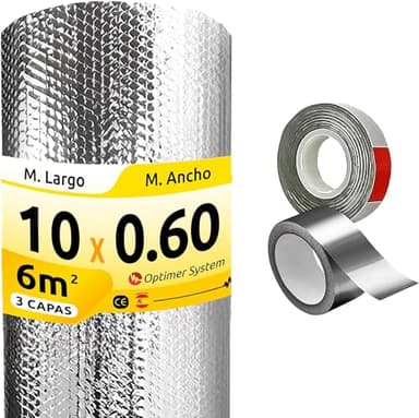 AISLANTE TERMICO MULTIUSOS | Reduce el Frio y el Calor |Rollo Aislante Termico Reflexivo para Buhardilla,Ventana, Pared, Suelo, Techo, Coche, Garaje, Camper | 10x0.60m | 6m² + 2 cintas adhesivas