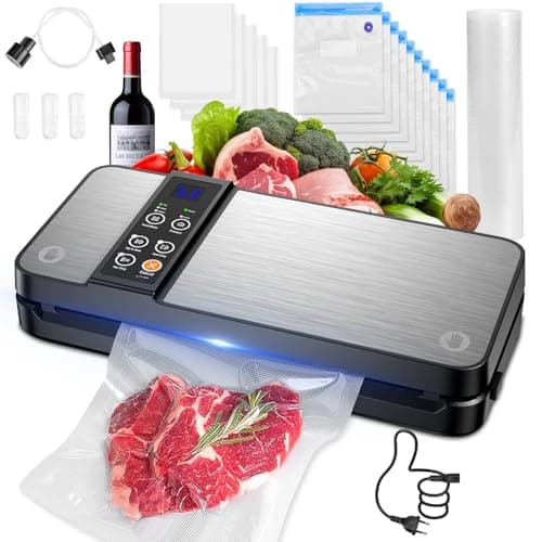 Envasadora al Vacío Domesticas 5 en 1, 80KPA Modos seco y Húmedo Selladora al Vacío para la conservación de alimentos,Cortador de Pasta Incorporado, Incluyendo Bolsas y manguera，Plateado (Plateado)