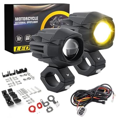 Braveway - Faros adicionales para motocicleta, 60 W, 18000 lúmenes, antiniebla, 7 modos estroboscópicos, kit de haz de cableado Plug and Play y 2 soportes de montaje