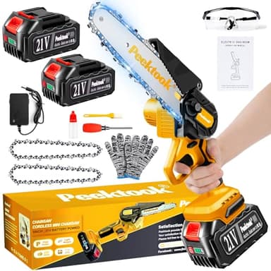 Mini Motosierra Bateria 6 Pulgadas, 1000W Motor Sin Escobillas Motosierra Eléctrica con 8000mAh Baterías y 2 Cadenas, motosierra de mano portátil Inalámbrica para Podar Árboles de Jardinería y Madera