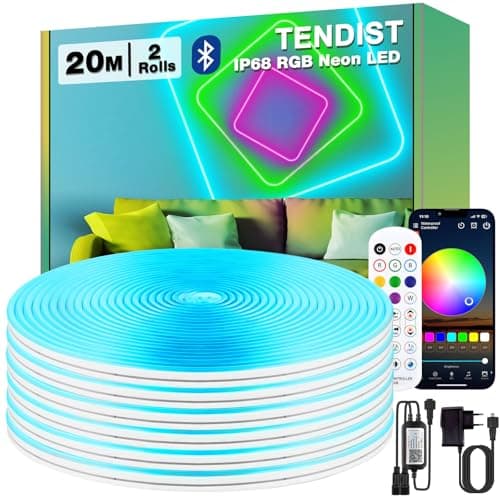 TENDIST 20M Bluetooth Tira Neon LED Flexible, IP68 Impermeable Luces LED Exterior Neón Sincronizadas con Música, 120 LED/Metro Tira LED Neon Flex de Silicona, para Fiestas, Festivales, Patios