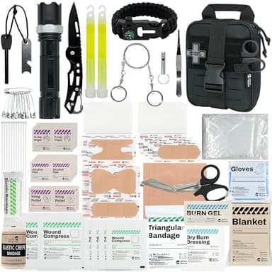 RHINO RESCUE Pequeño Botiquín de Primeros Auxilios con Herramienta de Supervivencia, Bolsa de Emergencia para Coche, Camping, Mochilero, Senderismo, Caza - Negro
