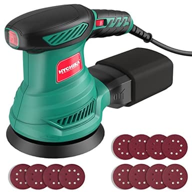HYCHIKA Lijadora Orbital 300W, Lijadora Rotorbital con Motor de Cobre Puro, 6 Velocidad, 13000RPM, 12PCS Lija de 125mm (240/120/80 Grano), con Bolsillo Lavable de Recogida, para Lijar Madera y Metal