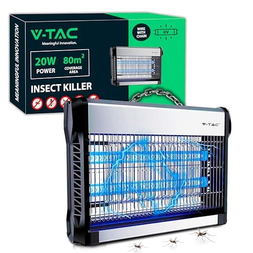 V-TAC Lampara Antimosquitos 20W con Área de Acción de 80 m² - Diseño Delgado - Mosquitera Eléctrica con Luz Azul UV para Uso Interior y Exterior - Trampa Eléctrica contra Mosquitos e Insectos