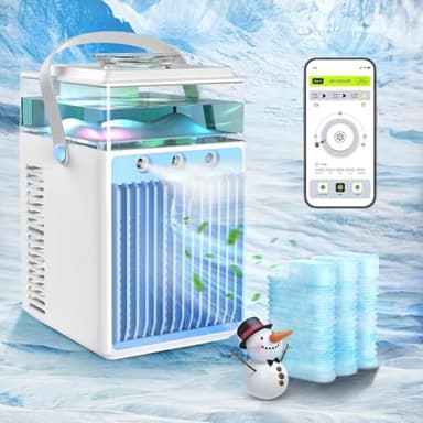 Aire Acondicionado Portátil, 800ML Mini Enfriador de Aire Portátil con Control de Aplicación,4 en 1 USB Recargable con 6 Cajas de Hielo, Mini Aire Acondicionado para el Hogar, Oficina