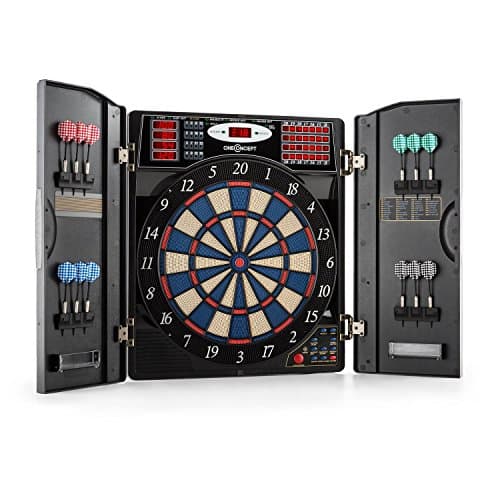 Oneconcept Masterdarter - Diana automática, Diana electrónica, Dardo electrónico, Juego electrónico, hasta 16 Jugadores, Rival Virtual, LED, 12 Dardos, Tríptico con Acabados en Metal, Negro