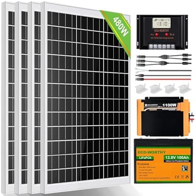 ECO-WORTHY 480W 24V 2KW-h/día kit solar con bateria sistema completo para el hogar Shed:4pcs 120W panel solar monocristalino + 2pcs 50AH batería de litio + 60A controlador solar + 1500W inversor
