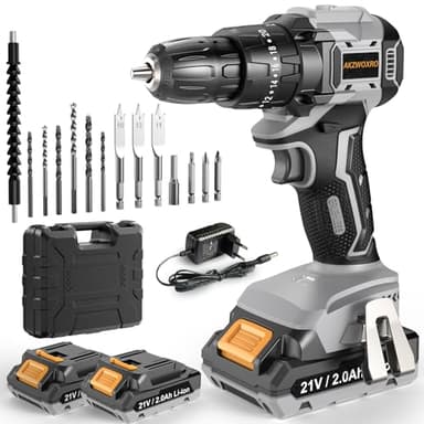 AKZWOXRO Taladro Percutor a Bateria 21V, Sin Escobillas Taladro Atornillador Bateria con 2x2.0Ah Baterías, Atornillador Electrico 45N.m, 20+3 Ajuste de Par, 14 Accesorios, 2 Velocidad, Gris