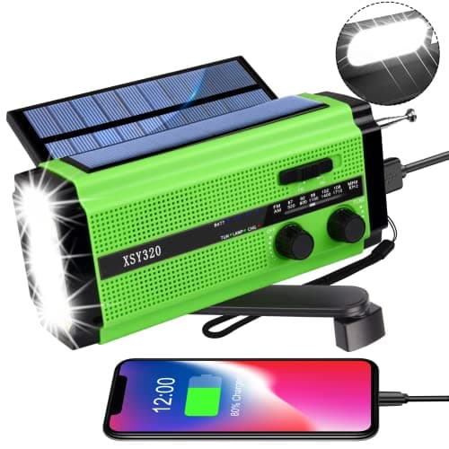 YIKANWEN Radio Solar Portátil, Radio Am/FM con Manivela y Batería Recargable 5000mAh, Linterna LED, Luz de Lectura y Alarma SOS para Camping y Exteriores (Verde)
