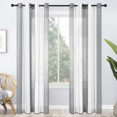 MRTREES Translúcida Cortinas Visillo Rayas de Dormitorio Moderna con Hebilla para Ventanas Voile Sala para Niños Sala Comedor Baño 2 Piezas 140×225cm(An×L) Blanca+Gris