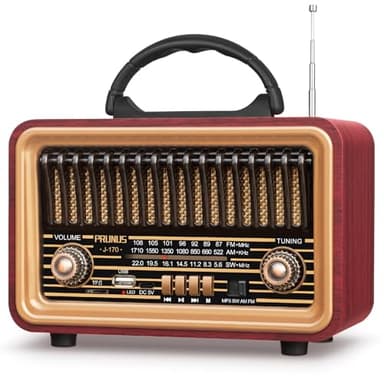 PRUNUS J-170 FM/Am/SW Radio Vintage Retro, Radio Portatil Pequeña Recargable de 1800mAh, Radios Bluetooth Portatil con Sonido Fuerte, Soporte USB/TF/TWS, para Cocina, Salón, Jardín.