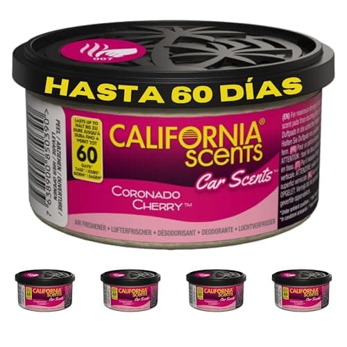 California Scents Ambientador de Coche en Lata - 4 Pack - Fragancia Duradera de Cereza (hasta 30 Días) - Control de Intensidad de Olor para un Ambiente Fresco y Personalizado en tu Coche, 42g