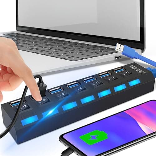 Retoo Hub USB 3.0 de 7 puertos USB distribuidor 5 GB/s, concentrador de datos con interruptor separado, puerto de fuente de alimentación con interruptores de alimentación LED individuales, compatible
