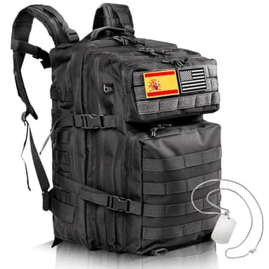 PACK MILITAR - Mochila Tactica más Chapa Militar - Mochila Militar con Parches US/ESP – Mochila Crossfit & Trekking de Gran Capacidad 45L Perfecto Para Actividades Al Aire Libre