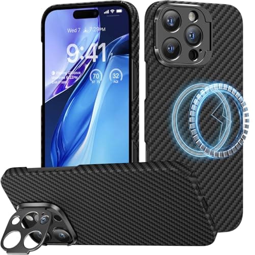 memumi Fibra de Carbono Magnética para iPhone 16 Pro MAX Funda con Soporte [Soporte Incorporado] Compatible con MagSafe Fibra Aramida Case para iPhone 16 Pro MAX Soporte de Aluminio para Cámara Negro