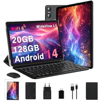 Biegedy Tablet 10 Pulgadas Android 14, 20GB RAM + 128GB ROM (TF 1TB), Dual Band WiFi 6, Octa-Core, Widevine L1 / 5 MP + 8 MP / 1280 * 800 Pixels/GMS/Bluetooth 5.0, Tablet con Teclado y Raton Negro