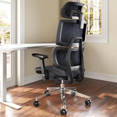 TONFARY Silla de Oficina Ergonómica con Soporte Lumbar, Respaldo y Asiento de Malla Transpirable, Reposabrazos y Cabecera Regulables, Giratoria y Reclinable, Grande y Resistente hasta 150 kg
