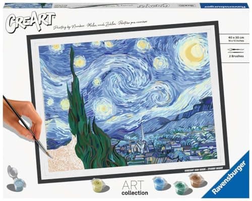 Ravensburger -CreArt Art Collection: Van Gogh, La Noche Estrellada, Pintar por Numeros Adultos y Niños,Cuadros para Pintar por Numeros, Incluye Completo Kit Pintar y Marco, Para Niños 14+ Años,43x33cm