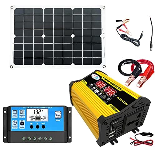 energía solar portátil, Kit Completo Paneles solares, 220V Inversor Corriente 4000W (máx.) con 2 Puertos USB, 30A Controlador Carga Solar, 18W panel solar monocristalino