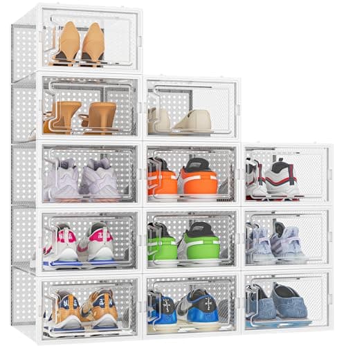 HOMIDEC 12 pcs Cajas de Zapatos,Cajas de Almacenamiento de Zapatos de Plástico Transparente Apilables, Contenedores Organizadores de Zapatos con tapas para Mujeres/Hombres,Blanco