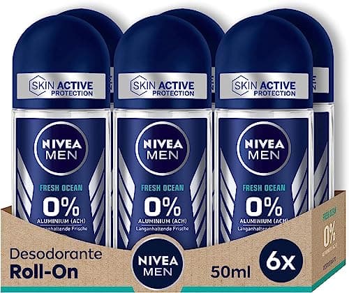 NIVEA MEN Fresh Ocean Deo Roll-On (6 x 50 ml), desodorante sin aluminio (ACH) con 48 horas de protección frente al olor corporal, roll-on de fragancia refrescante (El embalaje puede variar )