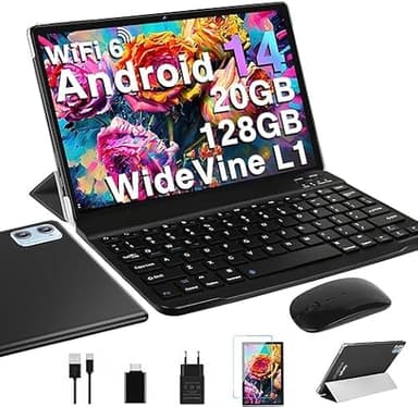 Tablet 10 Pulgadas con 20GB RAM+128GB ROM/TF Ampliable a 2TB, Tablet Android 14 con Widevine L1,5G WiFi 6, 8 Cores, BT5.0, Type C, GMS Certificado Tablets 2 en 1 con Teclado, Funda y Ratón - Negro